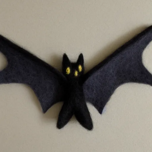 Prompt: photo of an intricately detailed representation of a accurate cat-bat made out of needle felt.