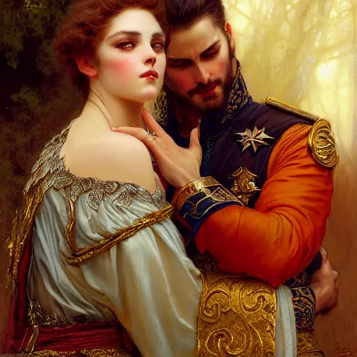 Prompt: attractive fully clothed king confesses his love for his attractive fully clothed male prince consort. highly detailed painting by gaston bussiere, tom bagshaw, j. c. leyendecker