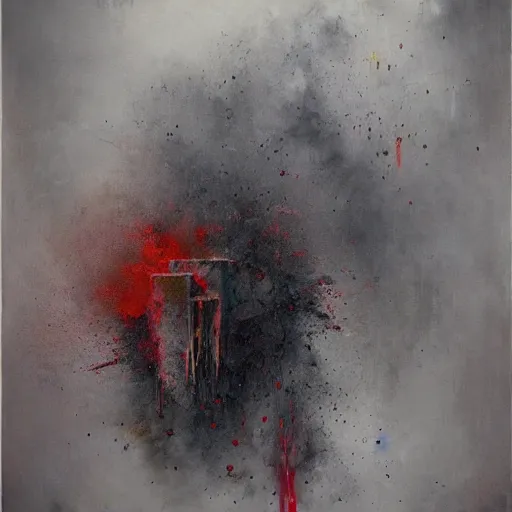 Prompt: a smooth grey cube being covered by extremely detailed splatters of abstract paint, engulfed in flames in the style of, pascal blanche, surreal, beksinski, high detailed