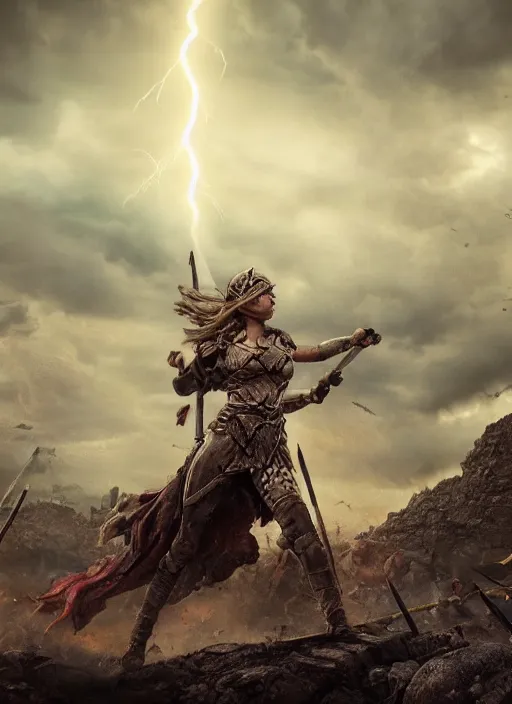 Image similar to angry valkyrie woman warrior in the aftermath battlefield, detailed scenic view, intricate details, hyper realistic, dramatic lightning, 8k resolution, cinematic composition, trending on artstation