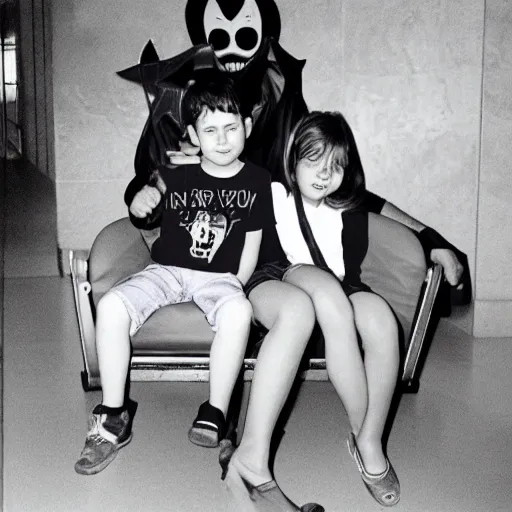 Prompt: due to a spelling error, kids are sitting on satan ’ s lap at the mall, 3 5 mm film camera, 1 9 9 0 s era