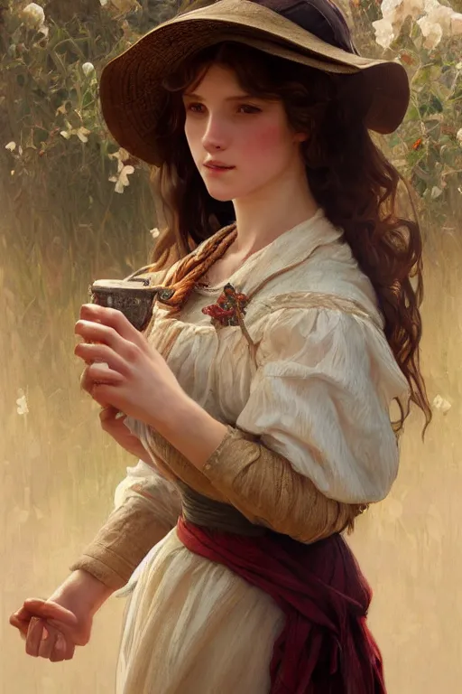 Image similar to beautiful cottagecore young peasant maiden, innocent, intricate, elegant, highly detailed, digital painting, artstation, concept art, smooth, sharp focus, illustration, art by artgerm and greg rutkowski and alphonse mucha