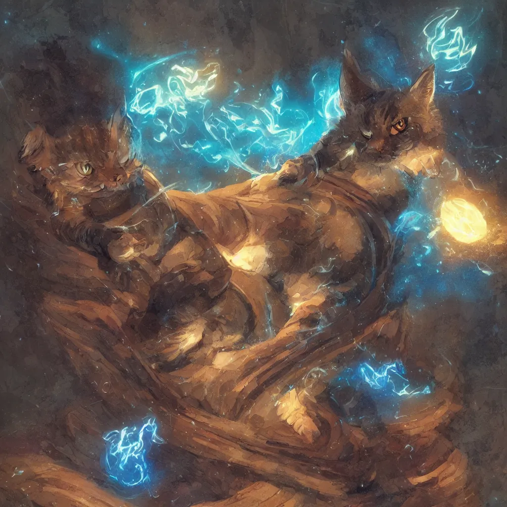 Image similar to anime cat with cloak laying on a magical wood carved chair, super powers, glowing tiny blue lines, concept art, by greg rutkowski, overdetailed art