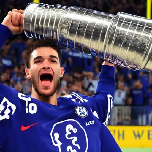 Image similar to a chelsea football player winning the stanley cup