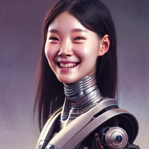 Prompt: portrait painting of a cute cyborg kim ji - woo smiling cheerfully, ultra realistic, concept art, intricate details, eerie, highly detailed, photorealistic, octane render, 8 k, unreal engine. art by artgerm and greg rutkowski and magali villeneuve and alphonse mucha