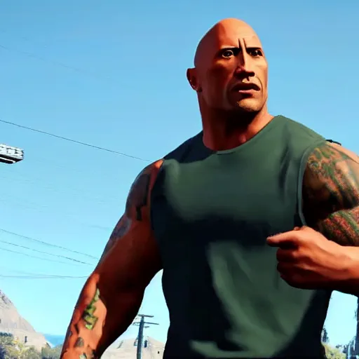 Prompt: dwayne the rock johnson with red eyes small green hair in gta 5 style ultra 4k resoulution