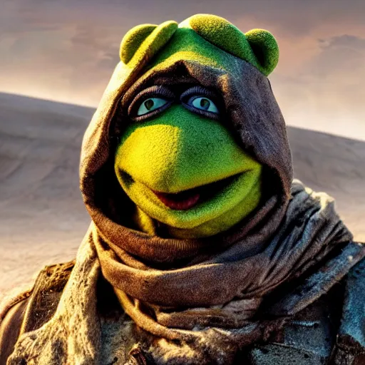 Image similar to kermit as a warlord in madmax fury road, 4 k, high detail, high - resolution photograph, professional photography, ultra - detail