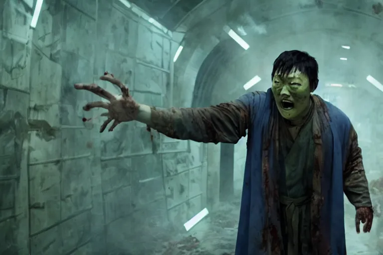 Image similar to film still of zombie zombie Benedict Wong as a zombie in full robes opening a sling portal in new avengers movie, 4k