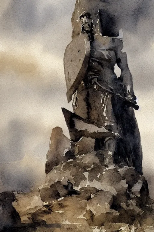 Prompt: abstract watercolor painting of viking god monument, in stone and wood, magical and traditional, cinematic light, national romanticism by anders zorn