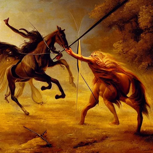 Image similar to A centaur prancing, and shooting an arrow by a bow in a battle at golden hour, epic, fantasy, oil painting