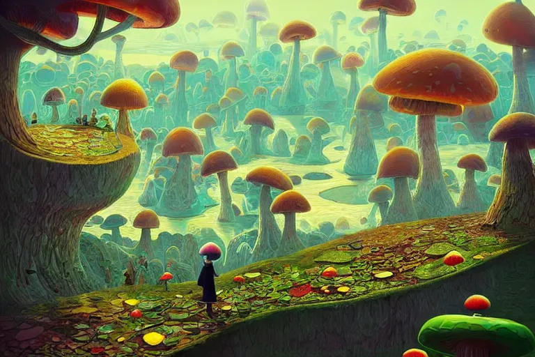 Image similar to surreal mushroom kingdom, floating island in the sky, waterfalls, summer morning, very coherent and colorful high contrast, art by!!!! gediminas pranckevicius!!!!, geof darrow, dark shadows, hard lighting