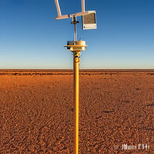 Prompt: miniature camoflaged rugged weather station sensor antenna for monitoring the australian desert, XF IQ4, 150MP, 50mm, F1.4, ISO 200, 1/160s, dawn
