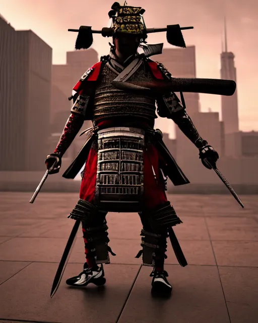 Image similar to photoreal professional character concept art, physically based octane render of a musicpunk samurai, wearing epic level 99 armour :: cinematic action posing, full view, epic, centered composition, beautiful, a vast orchestra chamber hall in the background