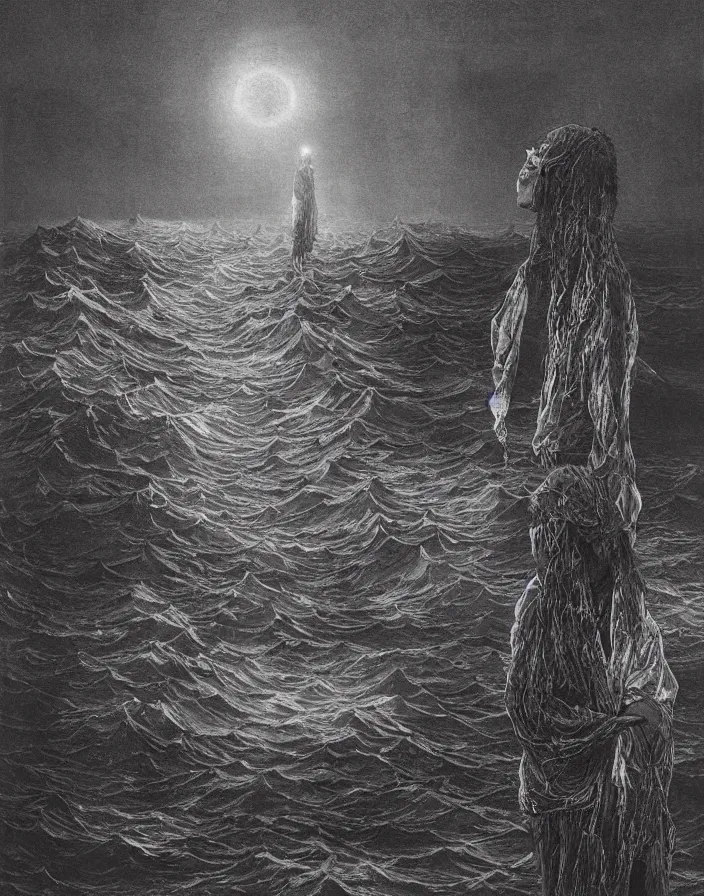 Image similar to worshippers in robes belonging to the cult of the lighthouse standing in waves, a lighthouse, high detailed beksinski painting, part by adrian ghenie and gerhard richter. art by takato yamamoto. masterpiece, dark and moody, deep colours