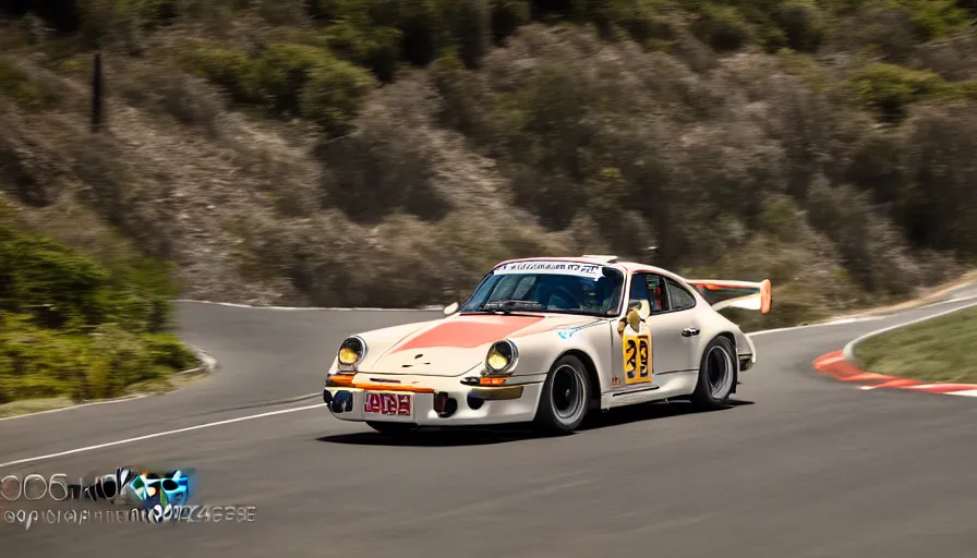 Image similar to photograph, PORSCHE RSR, IROC, Peter Singhof, press release, cinematic, malibu canyon, 8k, depth of field, bokeh. rule of thirds,