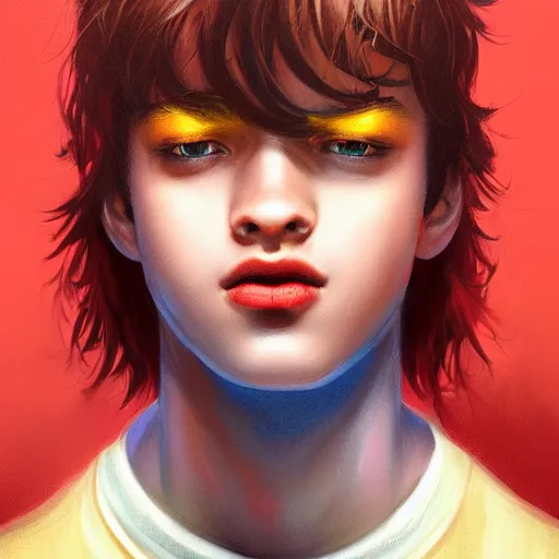 Image similar to colorful and festive captivating teenager with straight brown hair covering his eye, dark skin, big lips, big eyes, wearing a red t - shirt. rich vivid colors, ambient lighting, dynamic lighting, 4 k, atmospheric lighting, painted, intricate, highly detailed by charlie bowater