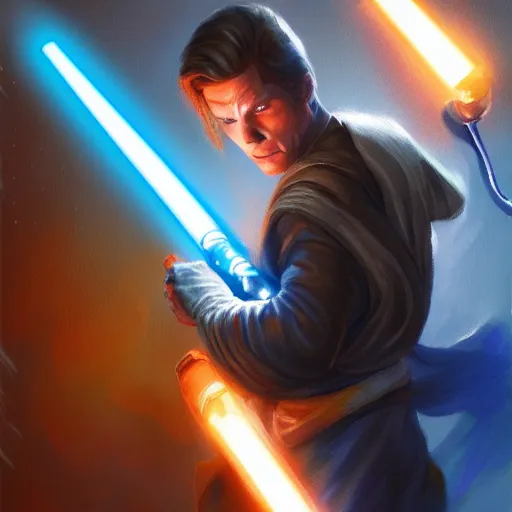 Image similar to jerma 9 8 5 wielding a blue lightsaber, jedi concept art, character concept art, detailed painting, dramatic lighting, trending on artstation