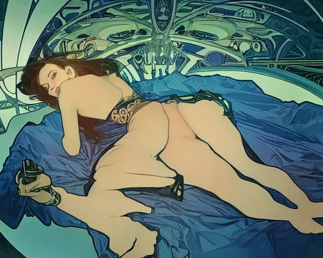 Prompt: cyberpunk woman lying down in a sleeping chamber, realistic illustration, sharp shapes, blue glow, alphonso mucha, mysterious lighting, masterpiece
