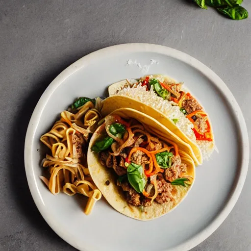 Prompt: photograph of a dish made with sausage, pasta and tacos