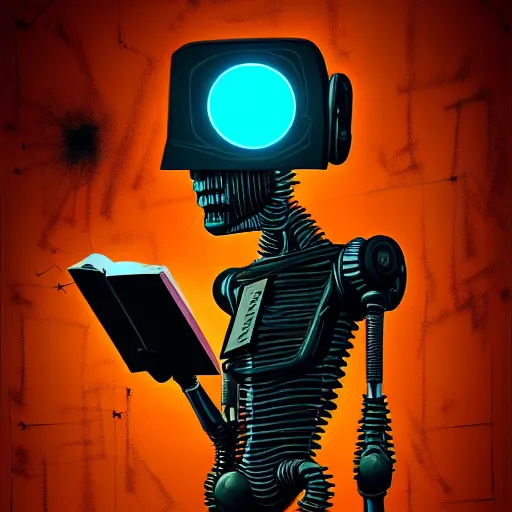 Image similar to dark scifi illustration 3 / 4 portrait of a robot reading necronomicon. cinematic lighting mad scientist style. golden ratio accidental renaissance. in the style of jean michel basquiat. graffiti art, scifi, fantasy, hyper detailed. octane render. concept art. trending on artstation