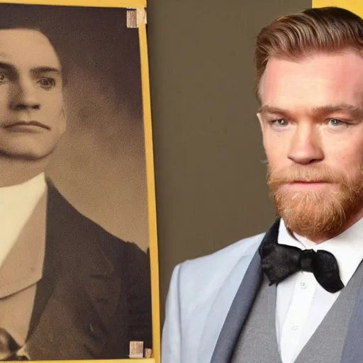 Prompt: clean shaven mcgregor is dressed as a gentleman at early 2 0 th century paris. he is watching an easel. that easel has a canvas on it. ewan mcgregor has a brush on his hand. he is painting a painting. there is a small brown cat with yellow eyes on ewan mcgregors feet. ewan mcgregor ´ s back
