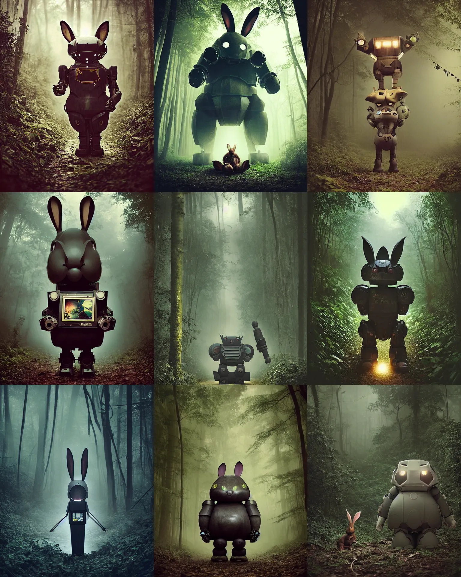 Prompt: dark night !!!giant oversized battle rabbit robot chubby fat mech with big ears , in jungle forest !!! , full body , nighttime, Cinematic focus, Polaroid photo, vintage , neutral dull colors, foggy ,by oleg oprisco , by victor enrich , by gregory crewdson , by discovery channel , by most wanted