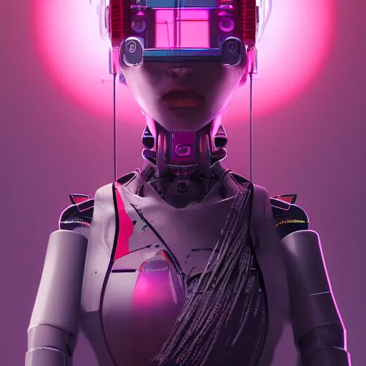 Prompt: a portrait of a beautiful cyberpunk robot geisha sorceress, warcore, sharp focus, detailed, artstation, concept art, 3 d + digital art, wlop style, neon colors, futuristic, unreal engine, elegant