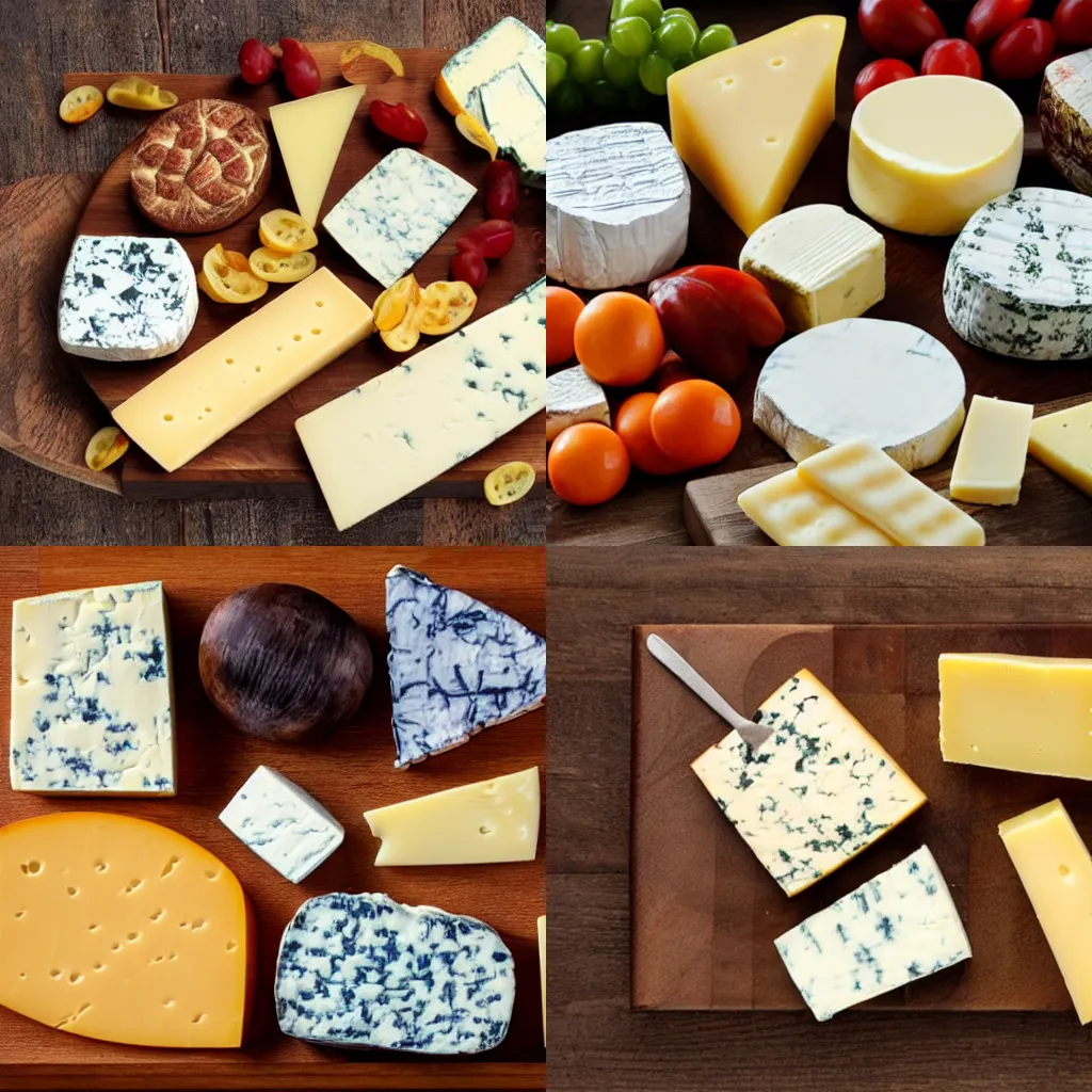 Prompt: An assortment of delicious cheeses