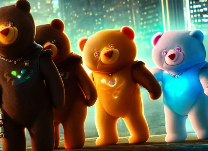 Image similar to film still of cyberpunk care bears in new sci - fi movie, 4 k