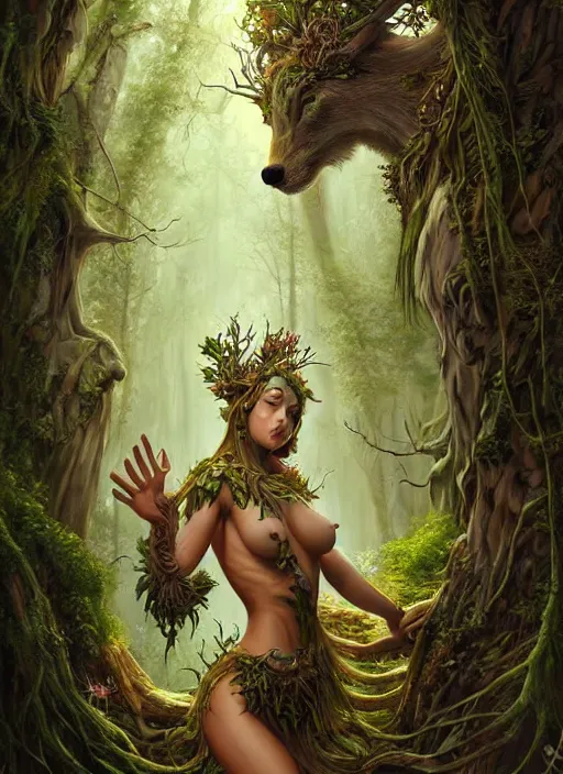 Prompt: digital painting goddess of the forest, symmetrical, fantasy, highly detailed, realistic, complex, fantasy, over - detailed, elegant, intricate, dynamic lighting, hyperrealism, digital art, digital painting, artstation, wlop, clear focus, illustration by filipe pagliuso and justin gerard