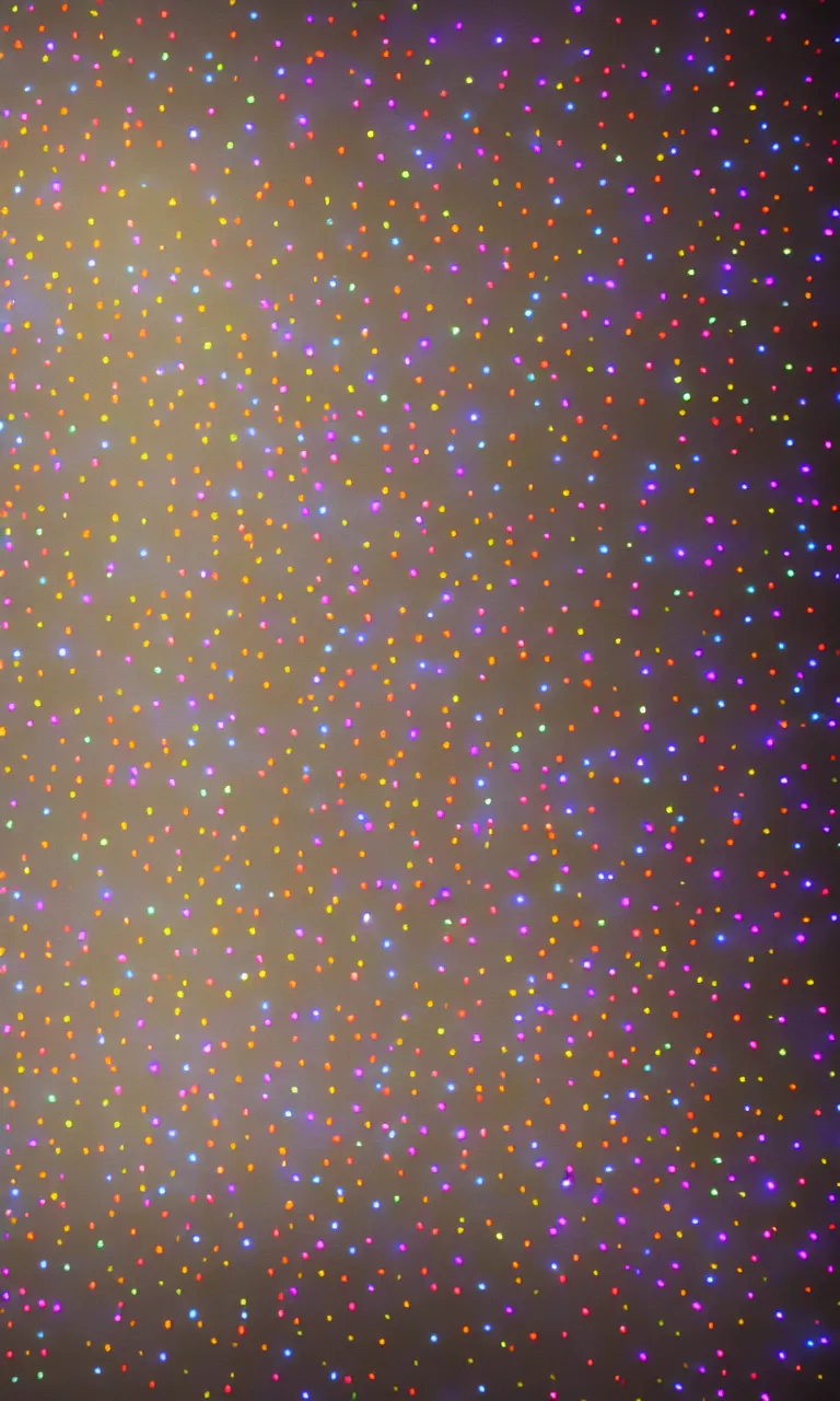 Image similar to a top-down wide view still of a floating transmissive vellum cloth tightly bunched up and pinned together with colorful glowing LED pins into a soft billowy bundle by a few glowing pins from an a24 movie, 8k, translucent cloudy vellum bunched up into large mounds by microscopic suns and wrinkles of cloth pinned from far apart close together with tiny emissive spheres, filtering light through the wrinkled bunched-up layers, 30s long exposure photograph of a large cloth flapping in the wind, tiny glowing spheres puncturing a blurry sheet, starkly lit from the evening sunset crepuscular golden hour rays emerging from the fog, chiaroscuro studio lighting