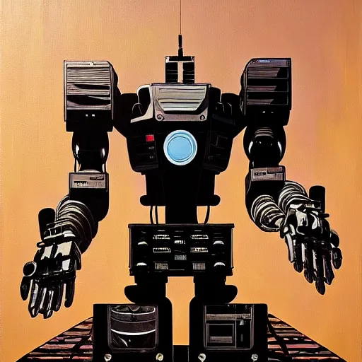 Prompt: a mike deodato style robot, 1 9 7 0 s sci - fi, oil on canvas painting, smooth, sharp focus, vibrant volumetric natural light in style of josan gonzalez and mike winkelmann and andgreg rutkowski and alphonse muchaand and caspar david friedrich and stephen hickman and james gurney and hiromasa ogura..