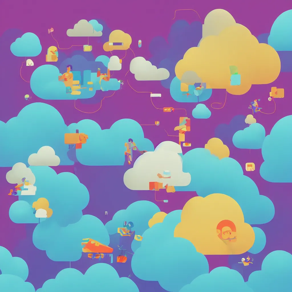 Image similar to a simple micro-service deployed to a public cloud, security, attack vector, trending on Artstation, painting by Jules Julien, Leslie David and Lisa Frank, muted colors with minimalism