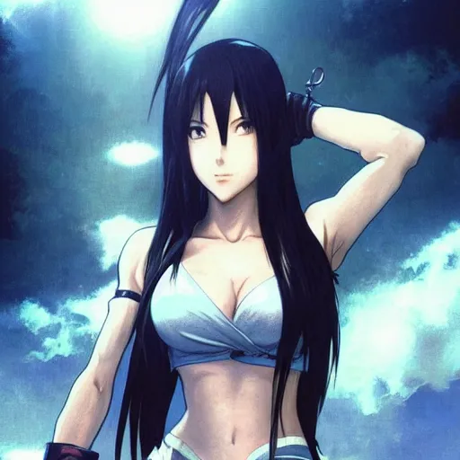 Prompt: highly detailed vfx portrait of tifa lockhart by eiichiro oda, makoto shinkai, alphonse mucha, sharp focus, art by artgerm and greg rutkowski!, backlit, harsh overhead sunlight, blue eyes!!, aquiline nose!!, stanley kybric, kaoru mori, hyper detailed, smooth pixiv, fanbox