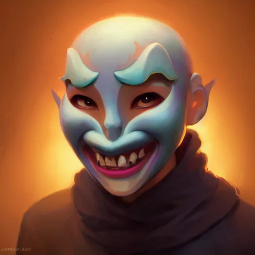 Image similar to a portrait of a cinematic still of the happy mask salesman, art by lois van baarle and loish and ross tran and rossdraws and sam yang and samdoesarts and artgerm and saruei and takaya imamura, digital art, highly detailed, intricate, sharp focus, trending on artstation hq, deviantart, unreal engine 5, 4 k uhd image