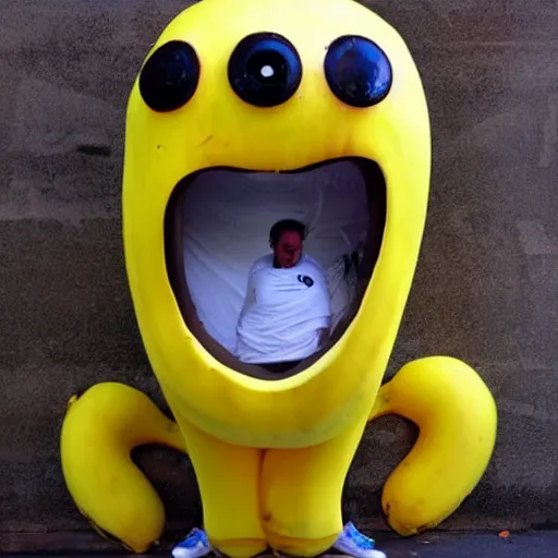 Image similar to a giant banana covered in eyeballs, scared people running