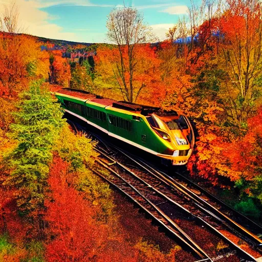 Image similar to train, touring Quebec, trees, scenery, artistic, hyper realistic, golden hour lighting