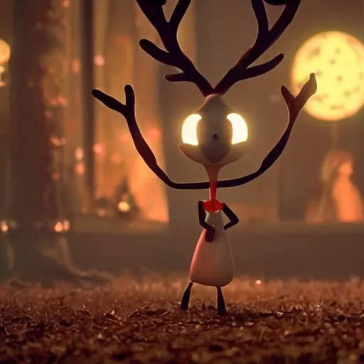 Image similar to a cinematic film still from a 2001 Pixar horror movie about an anthropomorphic Reindeer that turns evil, in the style of Pixar, shallow depth of focus