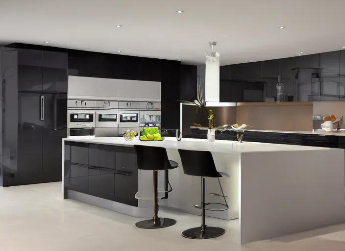 Image similar to 8 k photograph of stunning award winning design modern kitchen, interior design, art deco