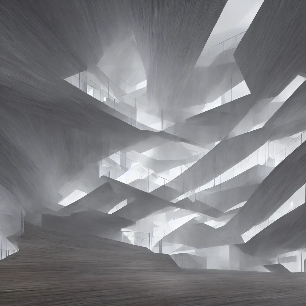 Image similar to a stair tower of light made out of wood, volumetric light, mist, designed by zaha hadid, concept art