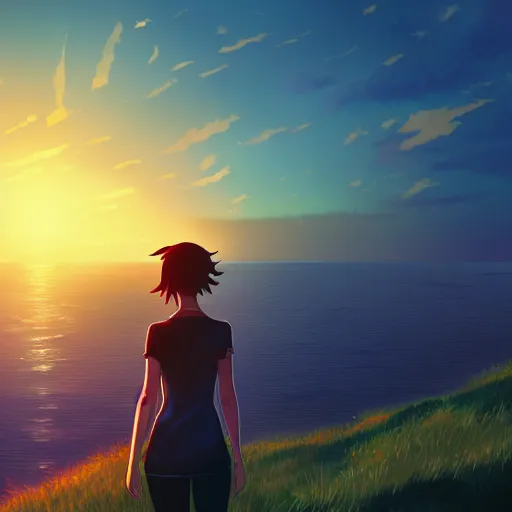 Prompt: A girl standing on the hill looking at the sea with a sunset in style of Makoto Shinkai and Cyberpunk. ArtStation, 8K, Highly Detailed, Intricate, Album Art.