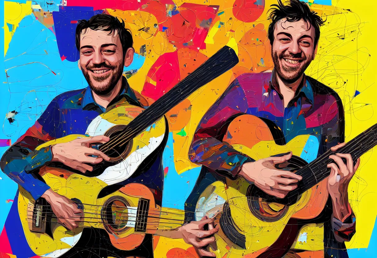 Image similar to random smiling funny guy with guitar, pop art, aesthetic art, 8 k, asymmetrical, high details, digital painting, concept art, smooth, beautiful, full body perfect, sharp focus, illustration, intricate, art by arstation and mimmo rotella, pixels art by paul robertson