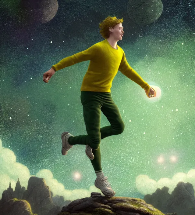 Prompt: an athletic green! toad jumps to the sky to become one with the stars, wearing yellow sweater and black shorts, cosmos, moon, by mucha and caspar david friedrich, atmospheric lighting, intricate detail, cgsociety, hyperrealistic, octane render, rpg portrait, ambient light, dynamic lighting