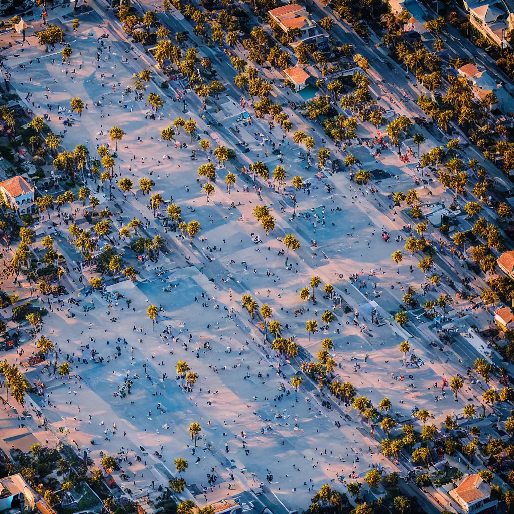 Image similar to “A ariel view photo of the venice beach skate park at sunset, national geographic photo, majestic”