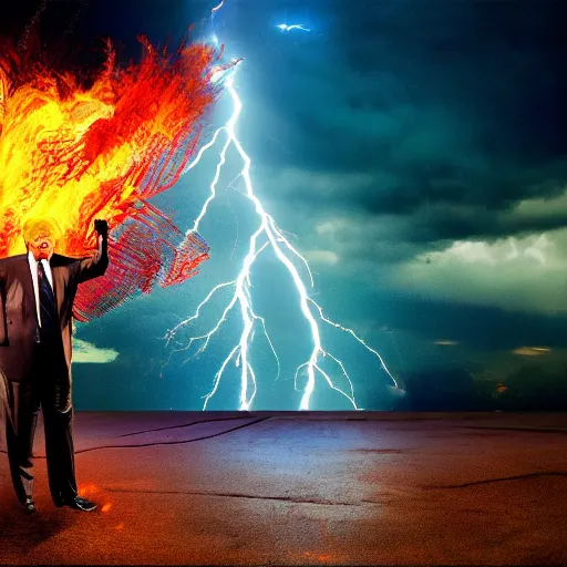 Image similar to burning donald trump casting fireballs, colorful hd picure, lightning in the background