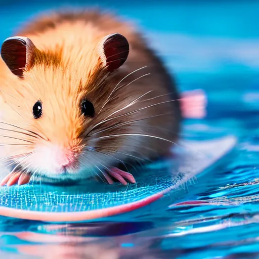 Prompt: hamster relaxing on a miniature surfboard in the pool and smiling, close up, dslr photo