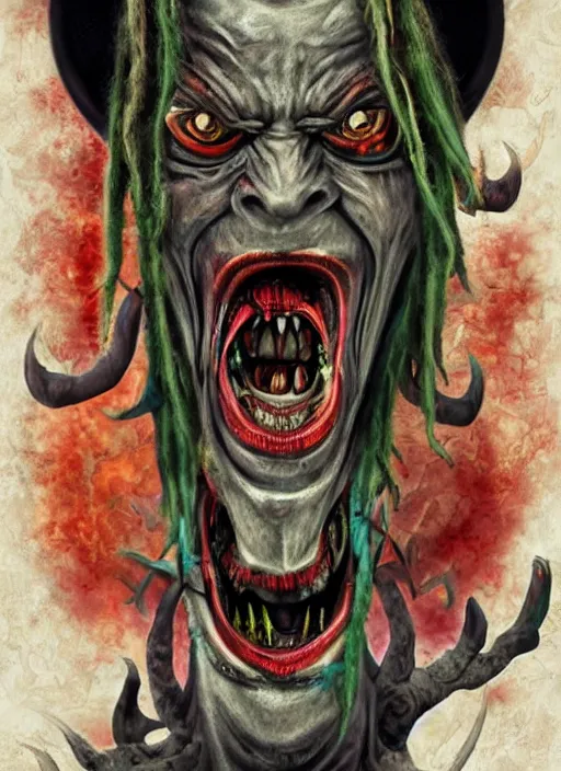 Image similar to a grotesque cyborg demon with dreadlocks telling a joke, airbrush art, shamanic horror lsd art, by basuki abdullah