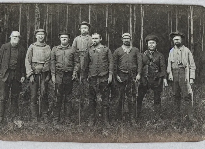 Prompt: tintype photo of a group of men after a successful hunt in the forest, standing over a deceased sasquatch
