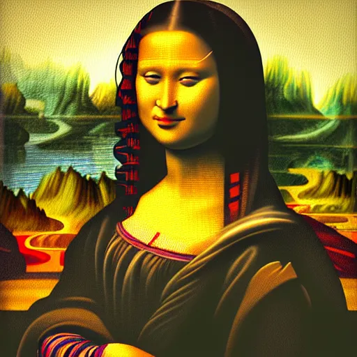 Image similar to an african woman's painting in the style of mona lisa by leonardo da vinc, octane renderi