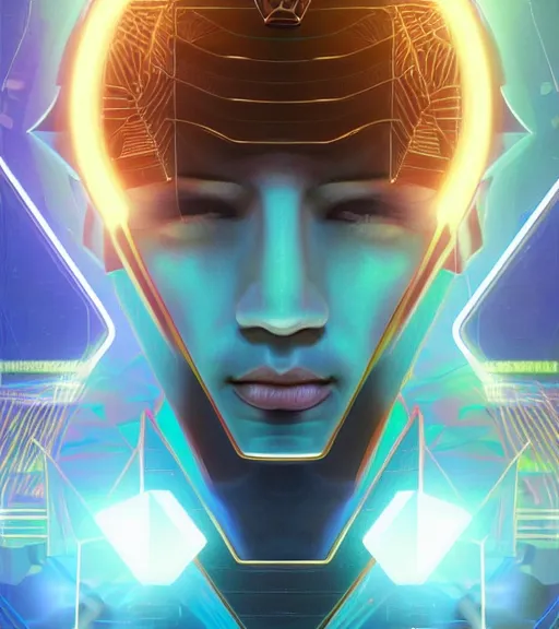 Image similar to symmetry!! egyptian prince of technology, solid cube of light, hard edges, product render retro - futuristic poster scifi, lasers and neon circuits, brown skin man egyptian prince, intricate, elegant, highly detailed, digital painting, artstation, concept art, smooth, sharp focus, illustration, dreamlike, art by artgerm